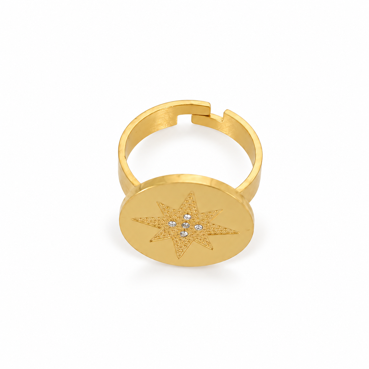 Open stainless steel ring featuring a circular disc and an embellished North Star.