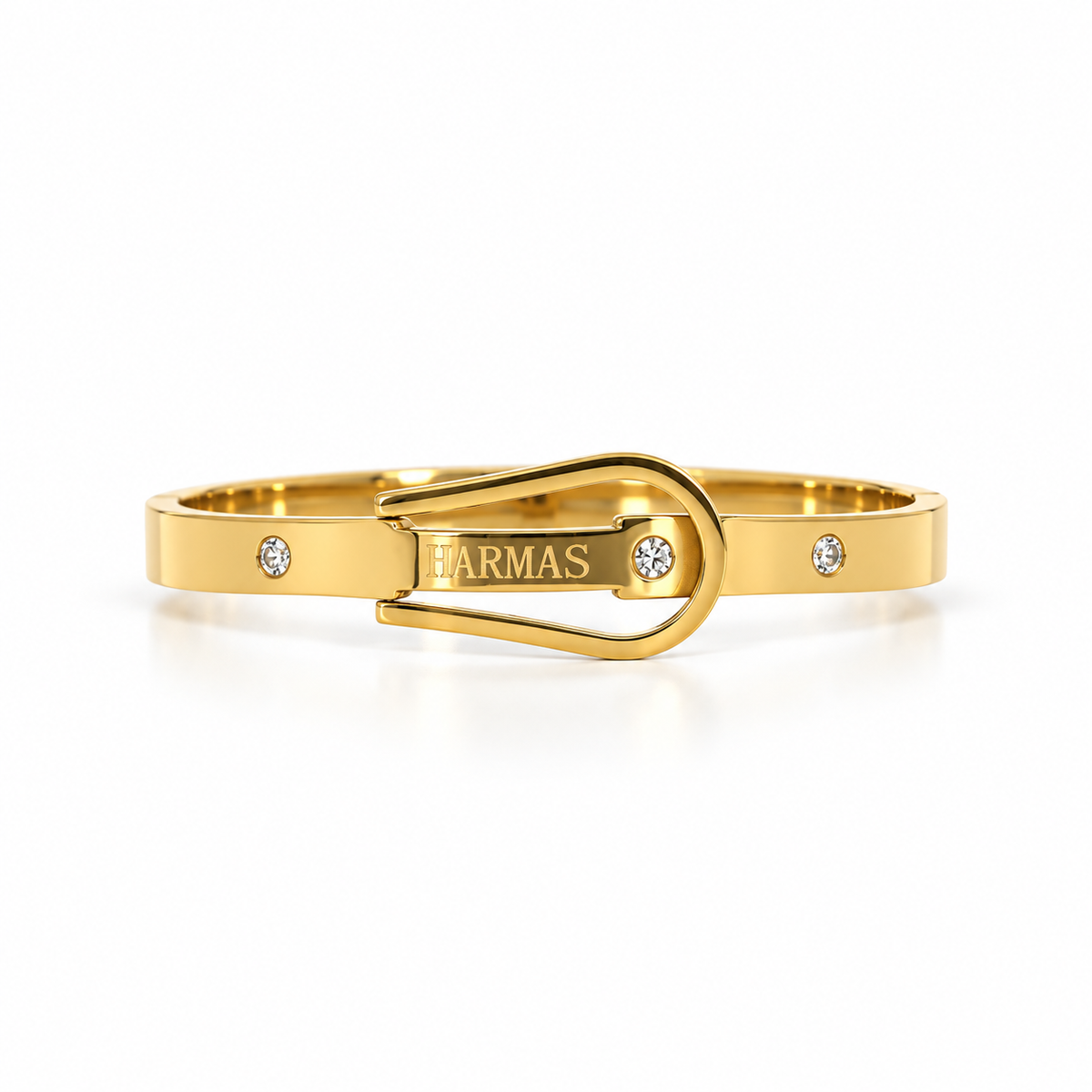 Embellished stainless steel bracelet featuring a belt-buckle design.