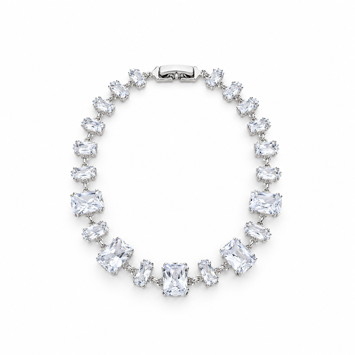 Silver stainless steel tennis bracelet featuring graduated rectangular zirconia stones.