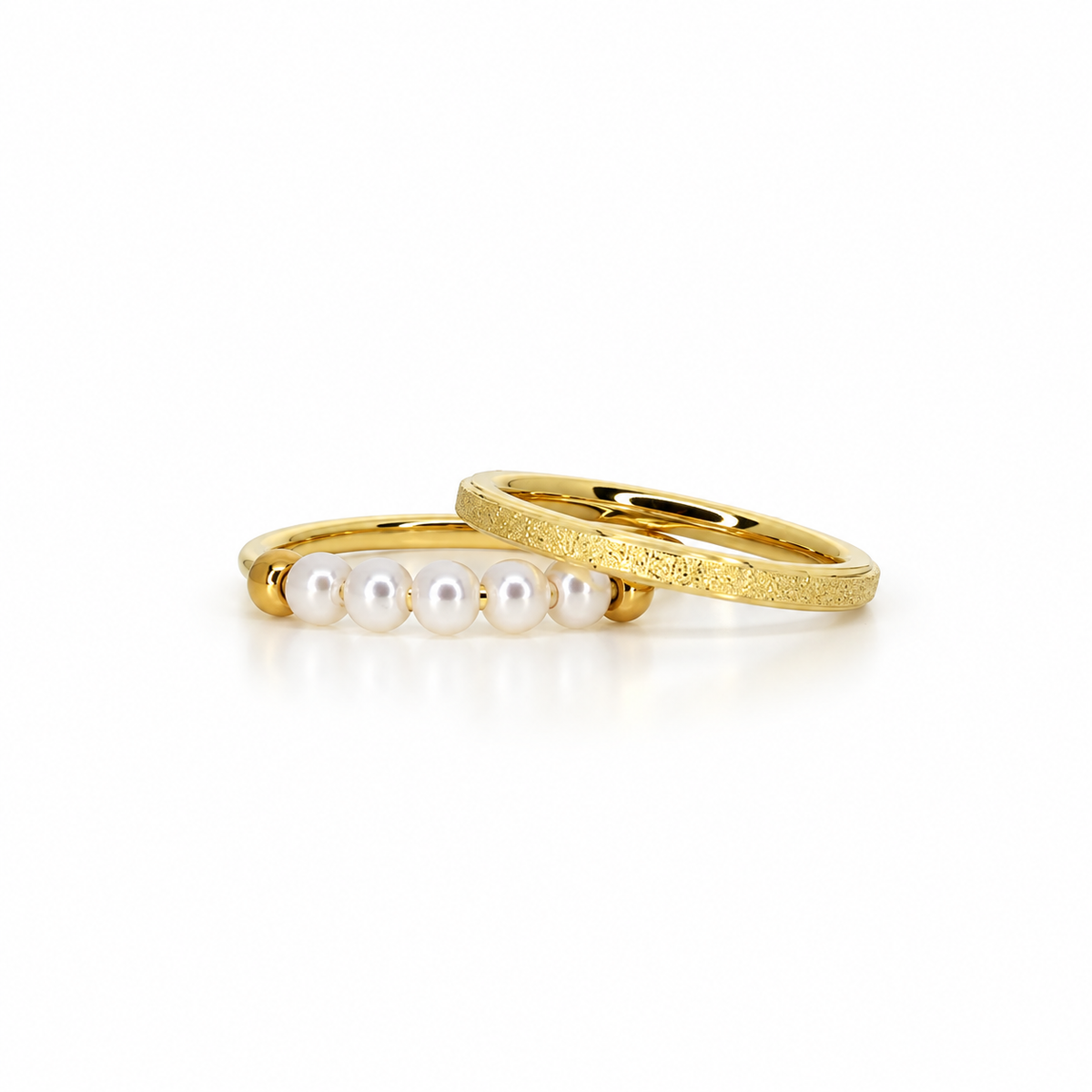 Double stainless steel ring set with pearl beads and a sandblasted finish.