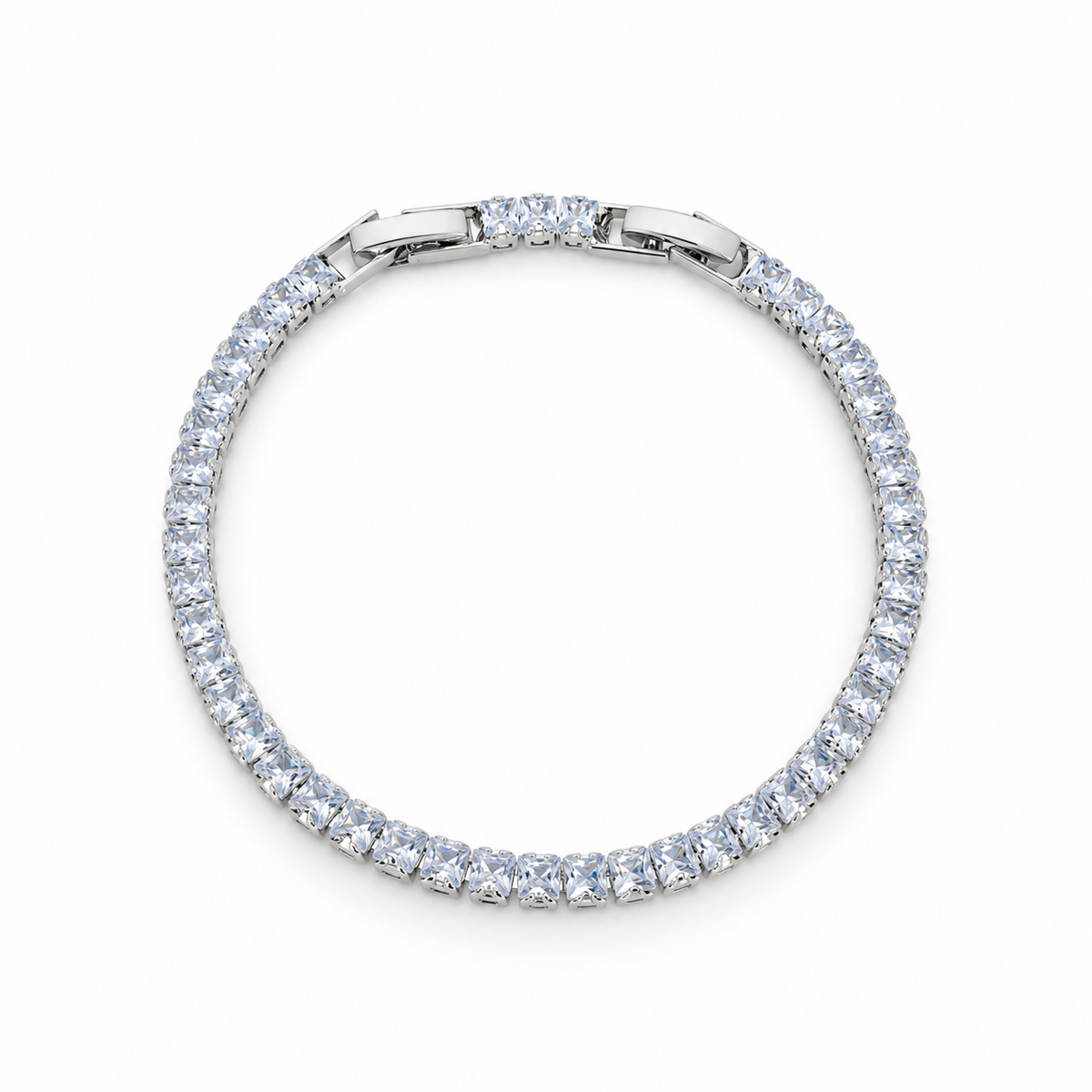 Stainless steel tennis bracelet set with square-cut cubic zirconia.