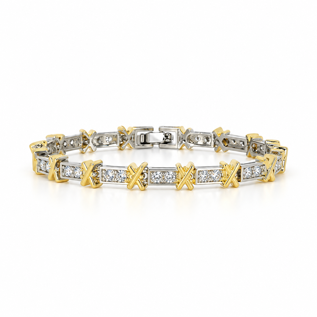 Two-tone stainless steel bracelet featuring a "Hugs & Kisses" design and set with zirconia.