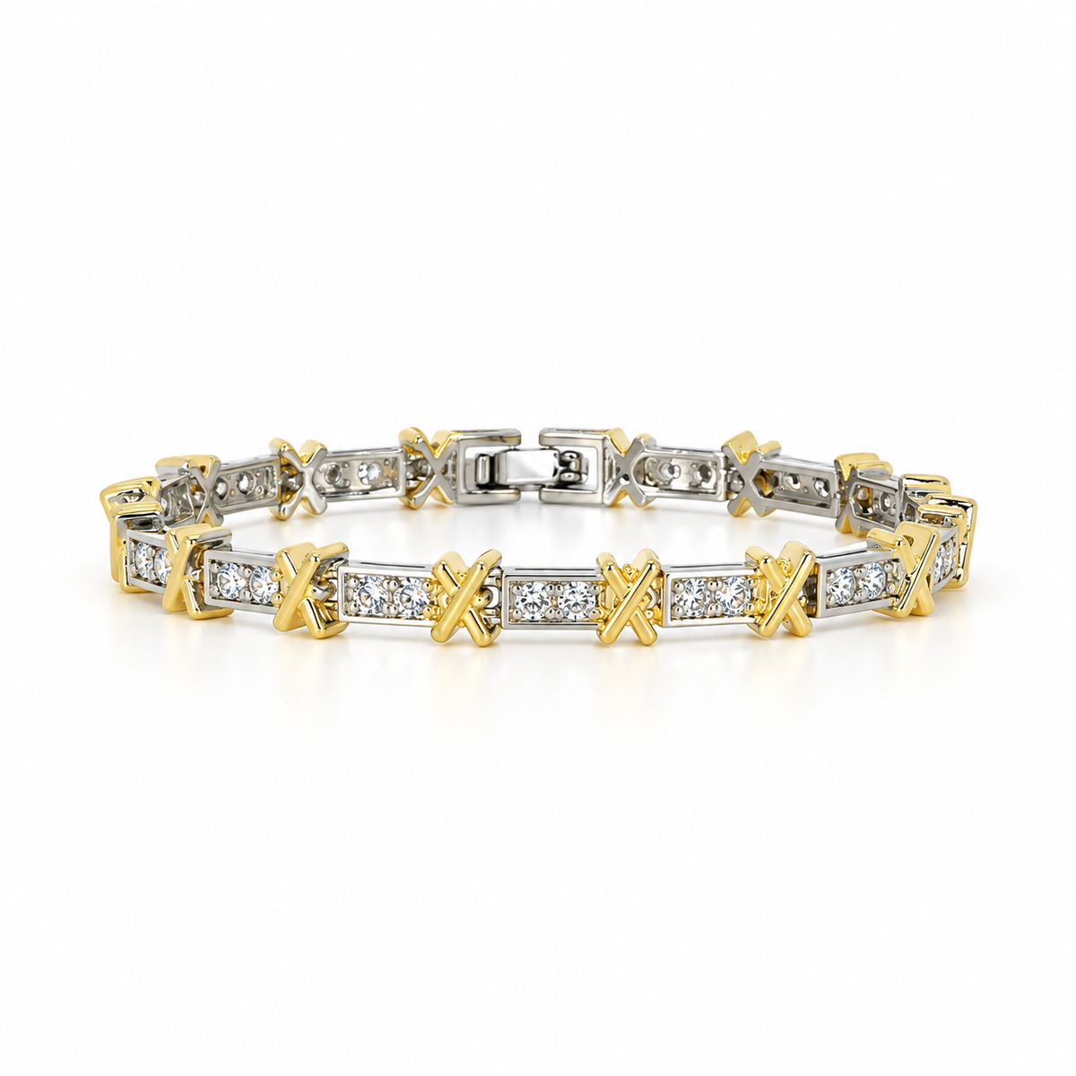 Two-tone stainless steel bracelet featuring a "Hugs & Kisses" design and set with zirconia.