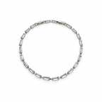 Silver stainless steel tennis bracelet featuring trapezoid-cut zirconia stones.