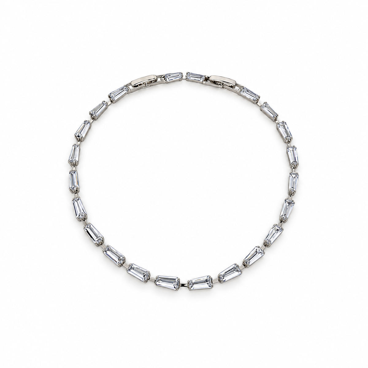 Silver stainless steel tennis bracelet featuring trapezoid-cut zirconia stones.