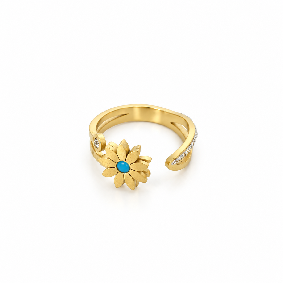 Stainless steel ring featuring a daisy flower, turquoise, and zircon.
