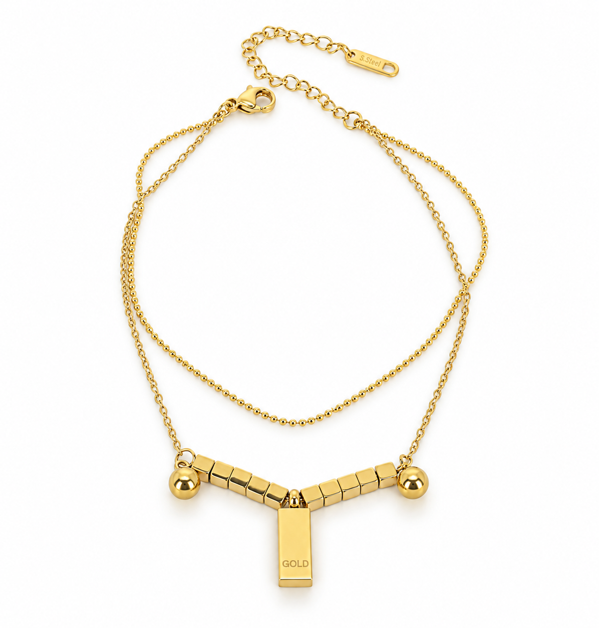 Double-strand stainless steel anklet with cube links and a gold charm.