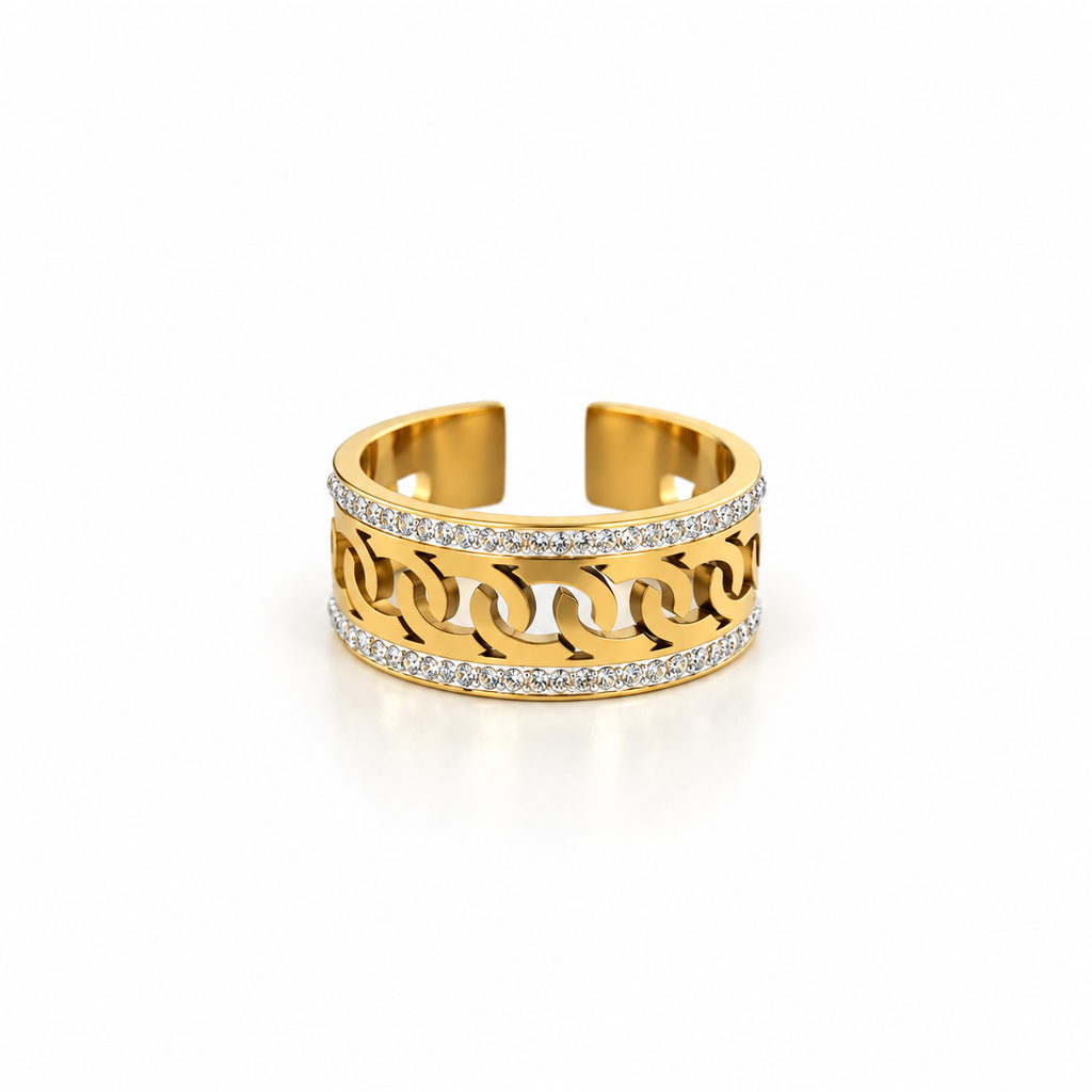 Open stainless steel ring featuring an openwork chain design and zircon accents.