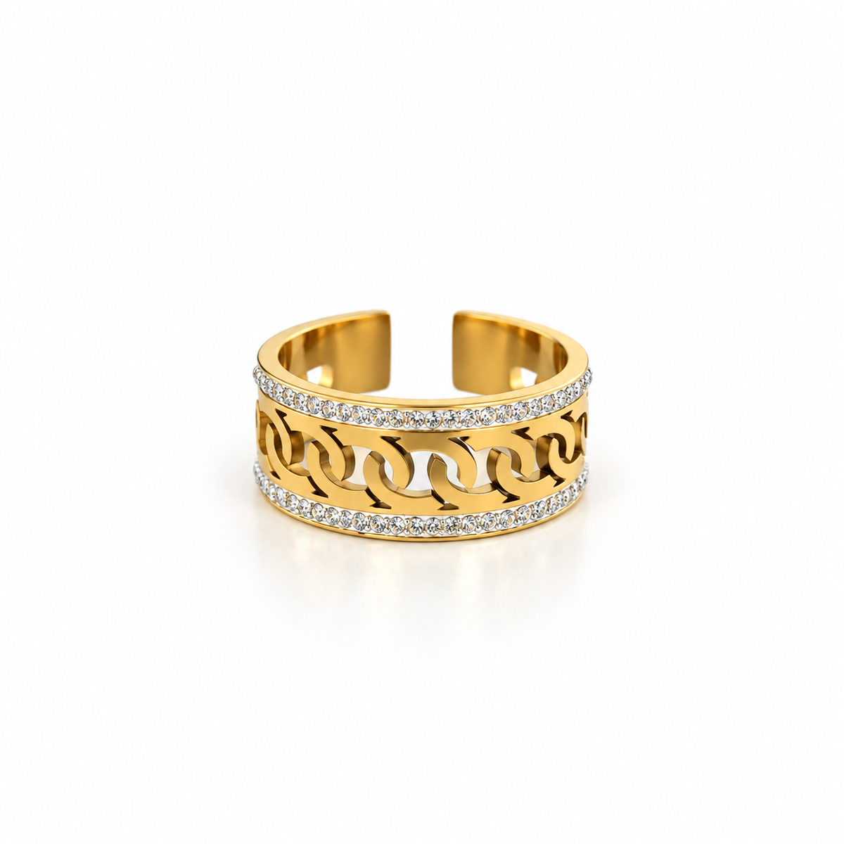 Open stainless steel ring featuring an openwork chain design and zircon accents.