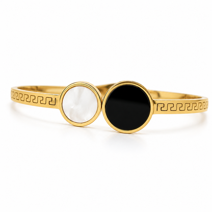 Stainless steel bracelet with gold plating and contrasting circles design - modern classic elegance