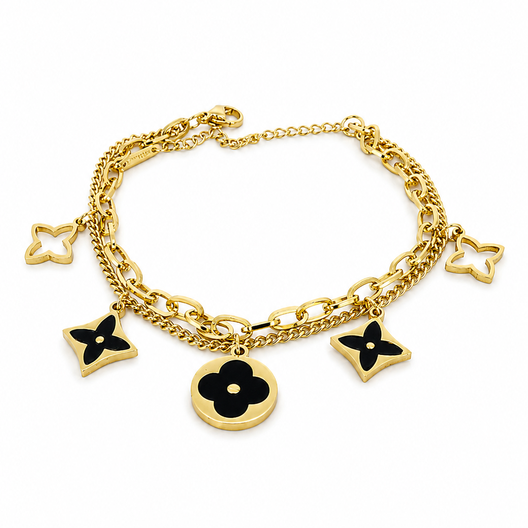 Double stainless steel bracelet with black geometric flower pendants