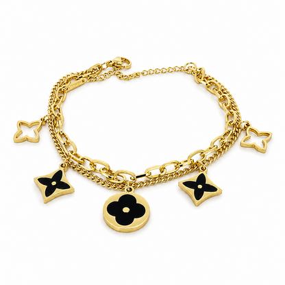 Double stainless steel bracelet with black geometric flower pendants
