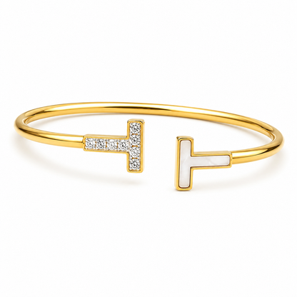"T-Luxe" open bracelet - stainless steel set with zircon and white mother-of-pearl