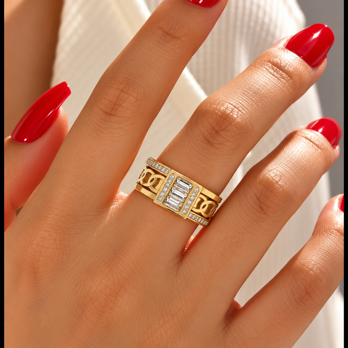 Open stainless steel ring featuring a rectangular cubic zirconia and a hollow chain link design.