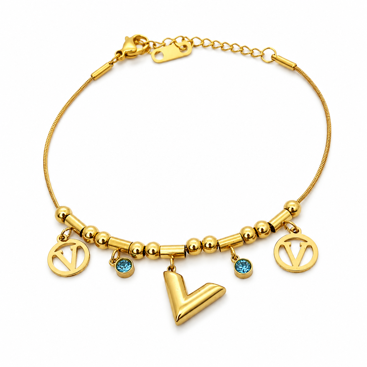 Stainless steel bracelet with gold plating and trendy charms (V letter and blue stones) - elegant design