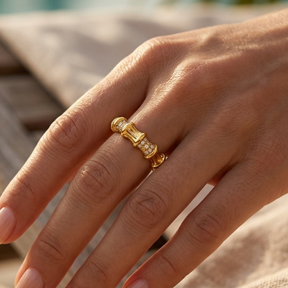 Golden Bamboo Studded Ring – Gold-plated stainless steel ring with a bamboo design and zircon crystals