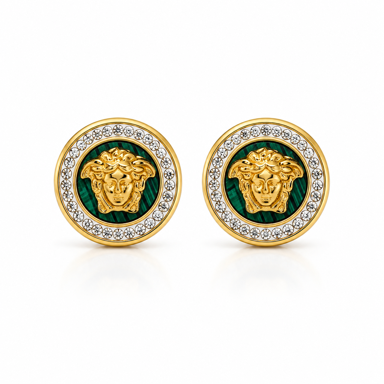 Medusa Gold Earrings in gold-plated stainless steel – with a touch of malachite and crystal  (Alternative title: Luxury hoop earrings in a Medusa design – stainless steel, malachite stone, and sparkling crystal)