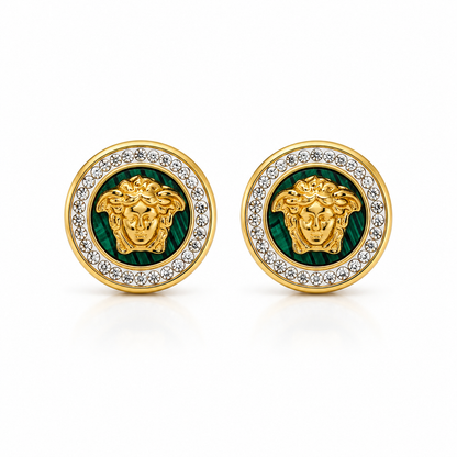 Medusa Gold Earrings in gold-plated stainless steel – with a touch of malachite and crystal  (Alternative title: Luxury hoop earrings in a Medusa design – stainless steel, malachite stone, and sparkling crystal)