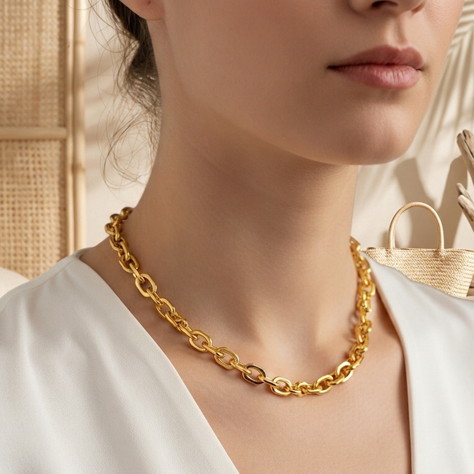 Wide chain necklace with a shiny gold finish - a bold, modern design