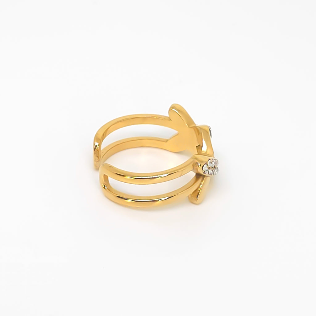 Infinity Cross Studded Ring – Gold-plated stainless steel ring with a cross design and crystal stones